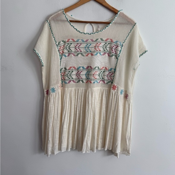 Free People Tops - Free People Embroidered Boho Peasant Aztec Top Cream Multicolor